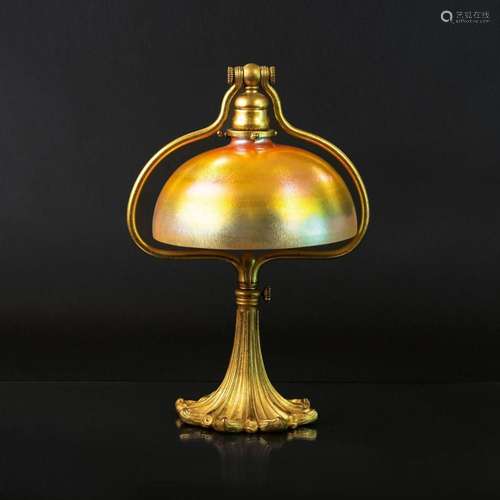 Tiffany Studios Harp Desk Lamp with Favrile Shade.