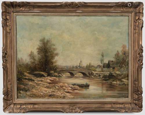 Théodore LEVIGNE (1848-1912).<br />
Barque sur la rivière.<b...