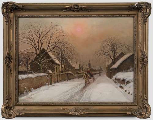 Joseph MILLION (1861-1931).<br />
Calèche dans la neige.<br ...