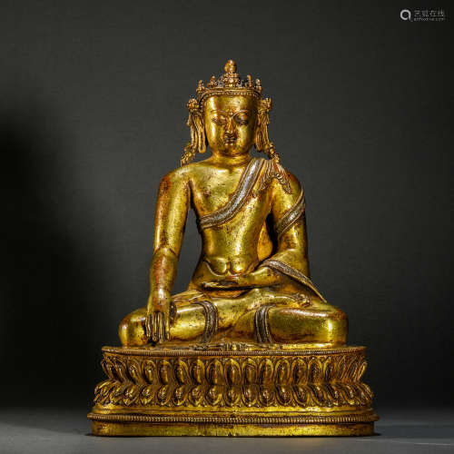 Ming Dynasty Gilt Bronze Inlaid Silver Seated Buddha Statue