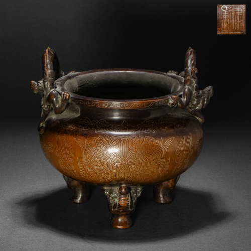 Ming Dynasty copper inlaid silver wire chilong ear stove