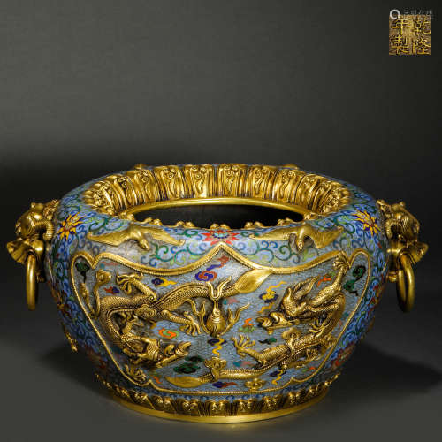 Qing Dynasty Bronze Cloisonne Enamel Relief Dragon Pattern D...