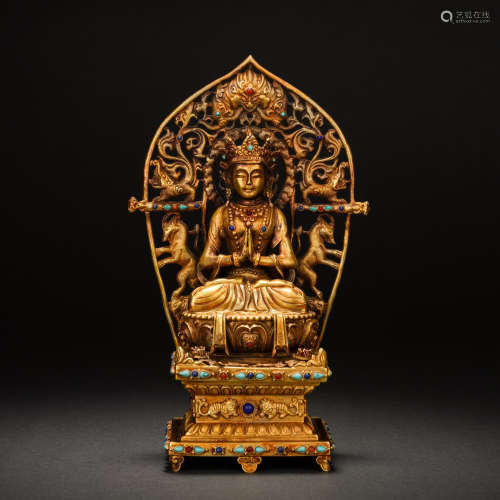 Pure gold inlaid turquoise Buddha statue in Ming and Qing Dy...