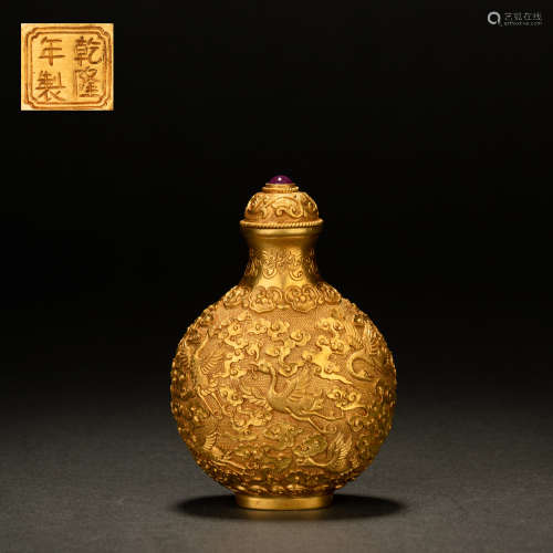 Qing dynasty pure gold inlaid gemstone phoenix pattern snuff...