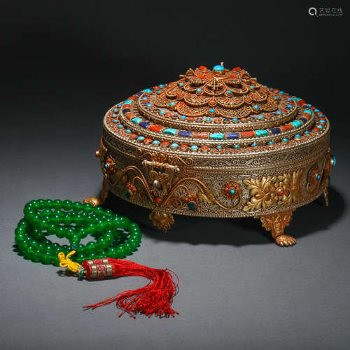 A gilt-silver inlaid turquoise jewelry box, Qing Dynasty, in...