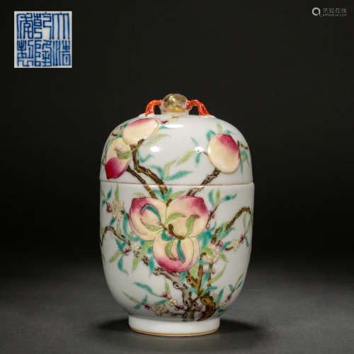 Qing pastel longevity peach pattern lid jar