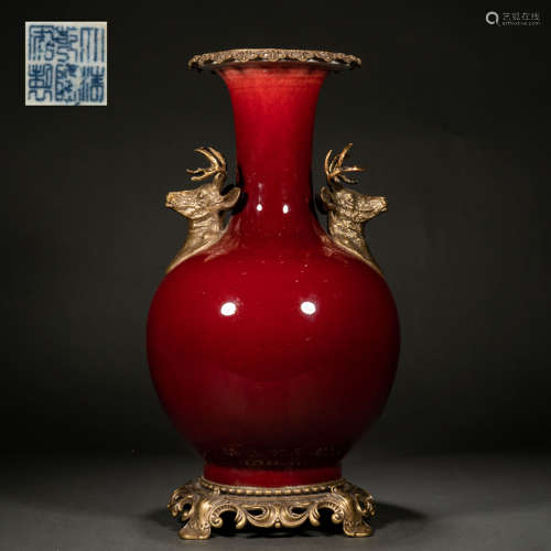 A Qianlong Bronze Vase with Cowpea and Red Deer Ears, Qing D...