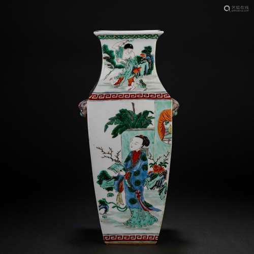 Qing Dynasty five-colored figure double-eared square bottle