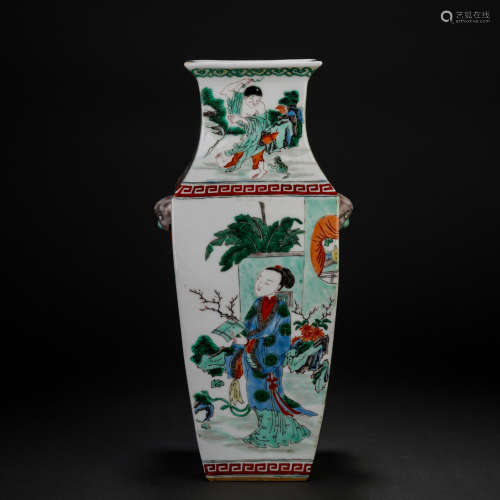 Qing Dynasty five-colored figure double-eared square bottle