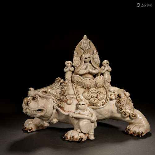 Three Statues with White Glazed Animal Patterns in Tang Dyna...