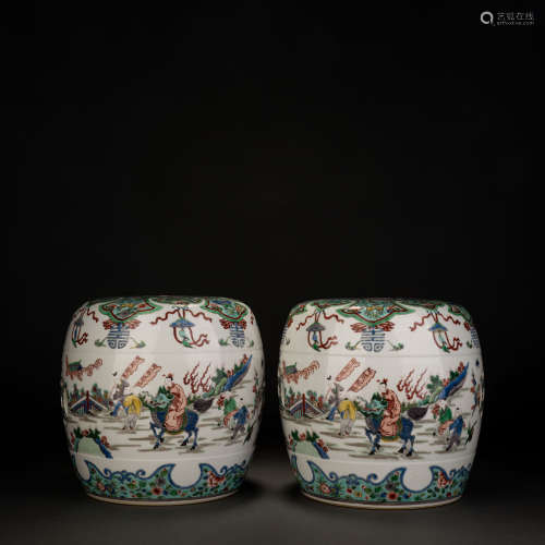 Qing Dynasty Colorful Character Story Drum Stool