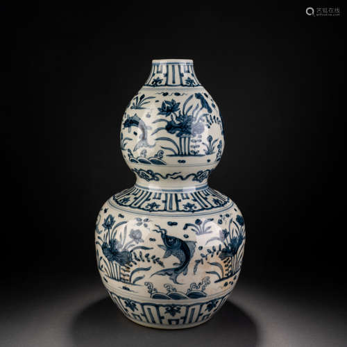 Yuan blue and white fish and algae gourd pot