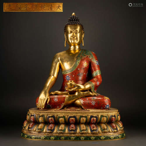 A Bronze Cloisonne Enamel Seated Sakyamuni Statue, Qing Dyna...