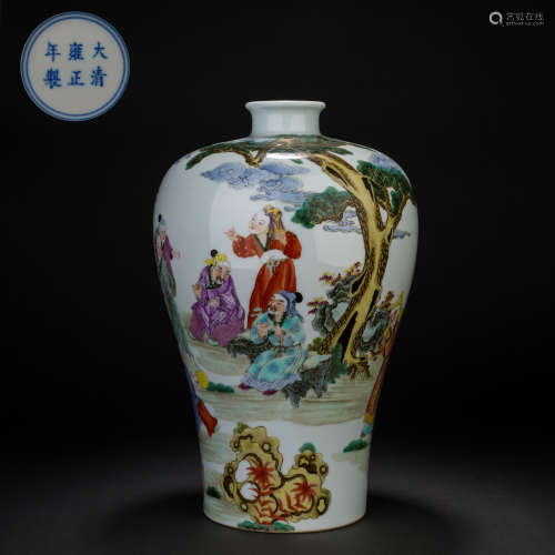 Qing pastel character story plum vase