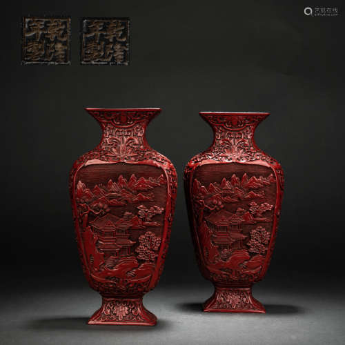 A pair of clear lacquerware tick red landscape appreciation ...