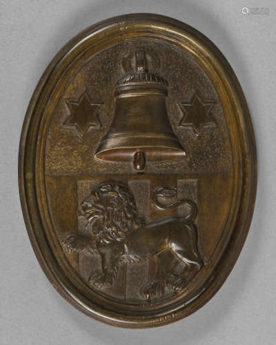 Leone e campana, ovale in bronzo brunito, Veneto