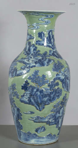 Grande vaso Celadon con decoro a paesaggi blu a