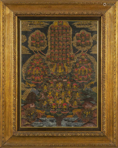 Tanka raffigurante tre Buddha tra le divinità,