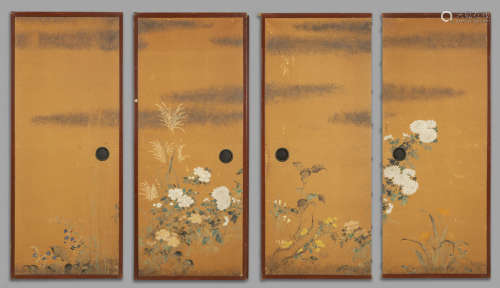 Quattro pannelli cinesi dipinti su carta adattati