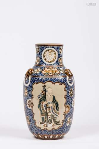 Vase balustre en grès émaillé polychrome à dominante bleu, c...