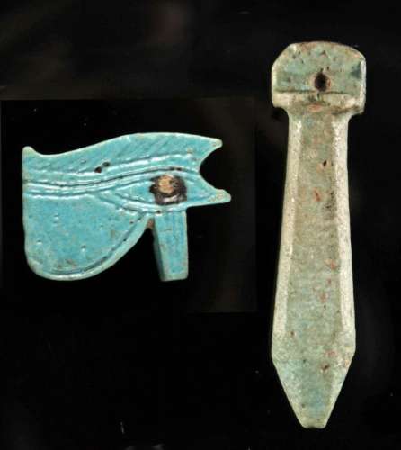 Egyptian Faience Amulets, Eye of Horus + Wadj