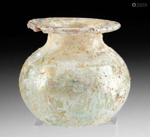 Roman Glass Squat Jar Silvery Irridescence