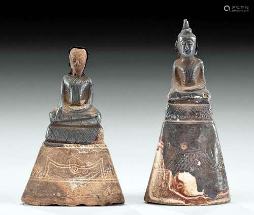 18th C. Thai Pottery Votive Buddhas w/ Silver Leaf