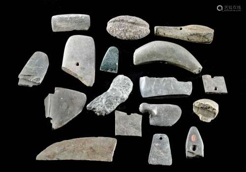 16 Native American Stone Pieces + 1 Maya Jadeite Celt