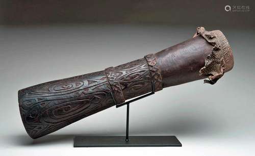 20th C. PNG Sepik Wood Kundu Drum Lizard Skin