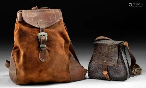 20th C. American Southwest Leather Purse + Backpack