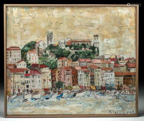 1960s French Oil Painting Arent (French Seaside Town)