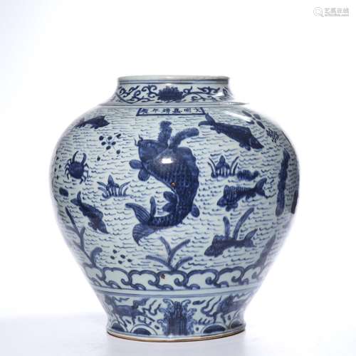 A BLUE AND WHITE 'FISH' JAR.MARK OF JIAJING