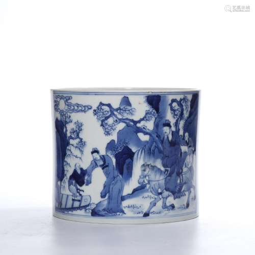 A BLUE AND WHITE 'FIGURAL' BRUSHPOT.BITONG.QING DYNASTY