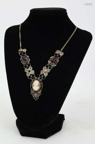 Vintage Silver Filigree Cameo Necklace