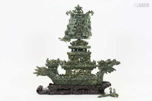Large Vintage Chinese Hand Carved Jade Dragon Boat