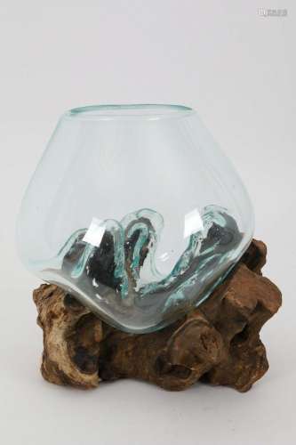 Modernist Molten Glass Vase on Teak Driftwood Base
