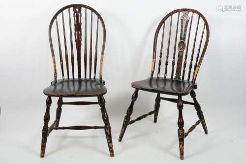 Pair Country Carved Painted Pine Windsor Chairs