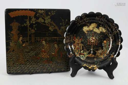 Lot Japanese Chinese Black Lacquer Box, Plate