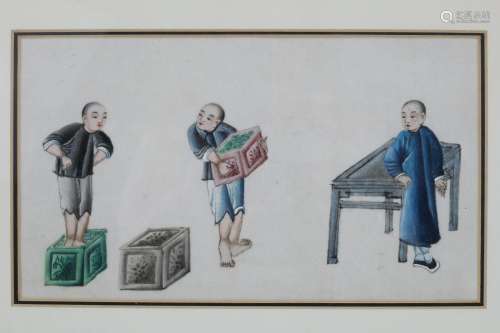 Antique Chinese Rice Paper Painting, Children