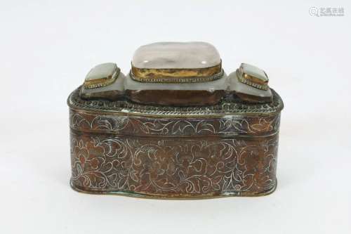 Chinese Silvered Copper Jeweled Box