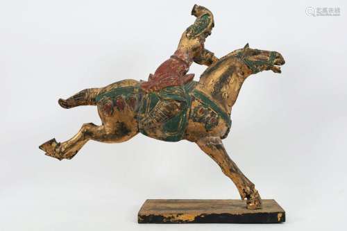 Chinese Carved Wood Warrior on Horseback Gilded