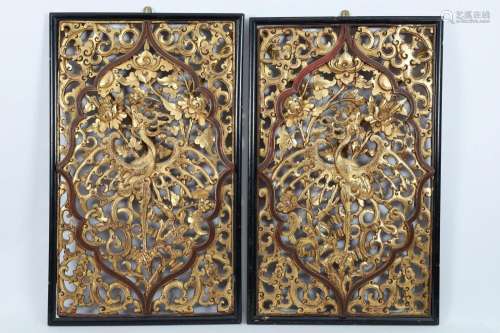 Two Antique Chinese Gilt Wood Panels, Phoenix
