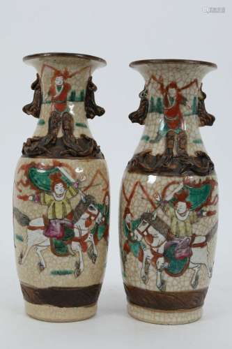 Pair of Chinese Hand Painted Vases, Warrior Scene