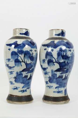 Antique Pair Chinese Nanking Blue White Vases