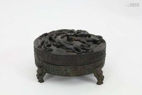 Chinese Bronze Round Chilong Dragon Box