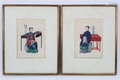 Pair Antique Chinese Rice Paper Painted Portraits