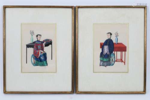 Pair Antique Chinese Rice Paper Painted Portraits