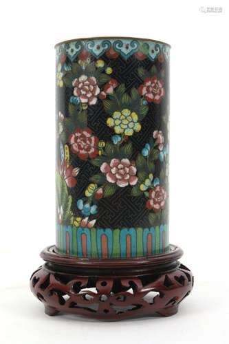 Chinese Black Cloisonne Chrysanthemum Brush Pot