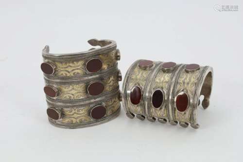 Antique Silver Turkmen Carnelian Cuff Bracelets