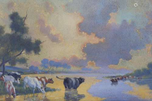 Early 20th C. Landscape With Cattle